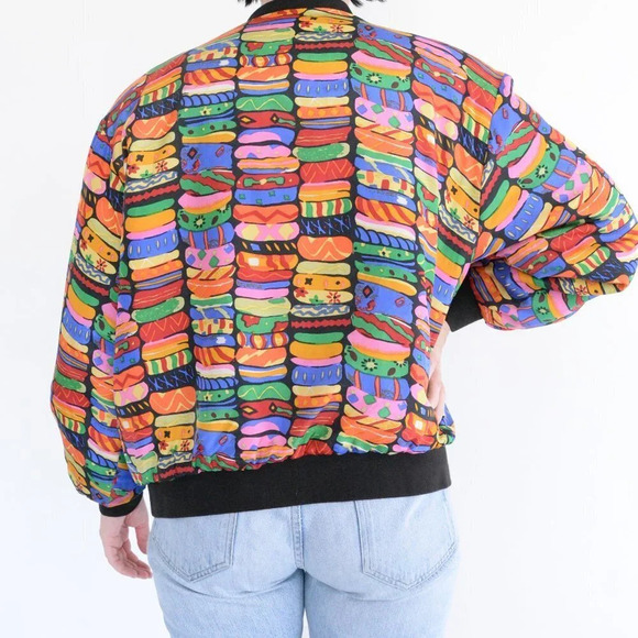 Vintage K Arnold 100% Silk Rainbow Pattern Bomber Jacket M - Picture 3 of 14